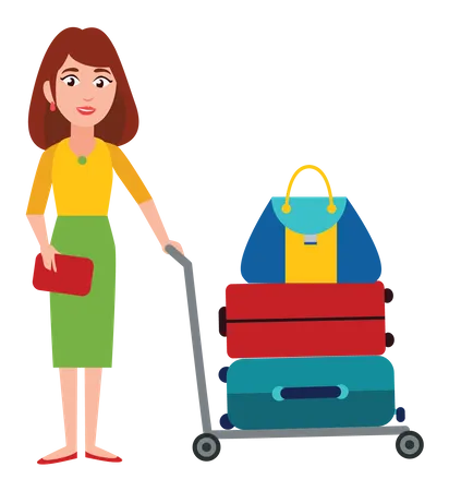 Turista feminina com carrinho de bagagem  Ilustração
