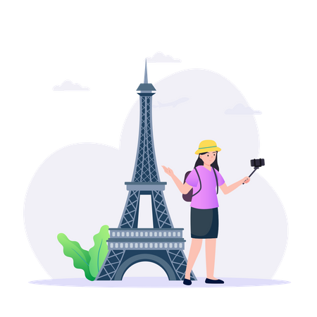 Turista feminina tirando selfie na Torre Eiffel  Ilustração