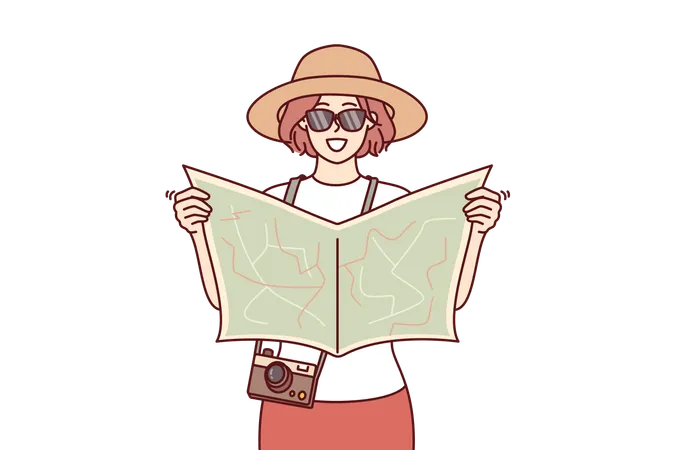 Turista mulher usa mapa de papel  Ilustração