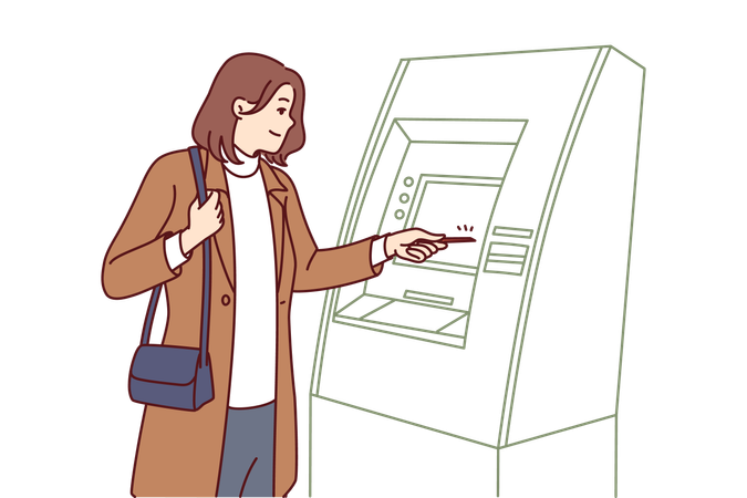 Mulher usa caixa eletrônico para sacar dinheiro do cartão de débito para fazer compras em lojas  Ilustração