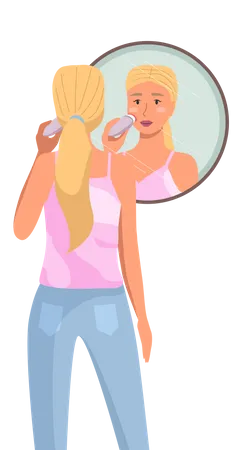 Mulher Usa Equipamento Para Limpar E Esfregar O Rosto A Garota Esta Fazendo A Rotina Matinal No Banheiro Personagem Feminina Esta Se Olhando No Espelho A Menina Esta Segurando Uma Escova Eletrica Para Limpar O Rosto Ilustração