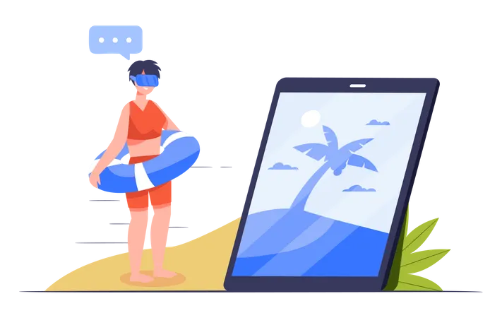 Mulher Usa Fone De Ouvido De Oculos Digitais De Realidade Virtual Para Simulador De Praia Ela Esta Usando Oculos Digitais VR Para Ferias De Verao Na Praia Do Mar Tropical Ilustracao Vetorial De Desenho Animado Plano Ilustração