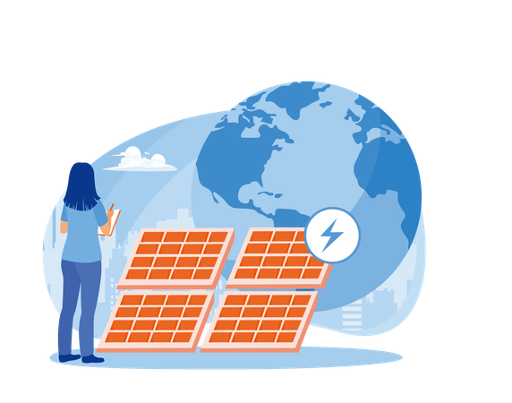 Mulher usa painéis solares como substitutos para eletricidade  Ilustração