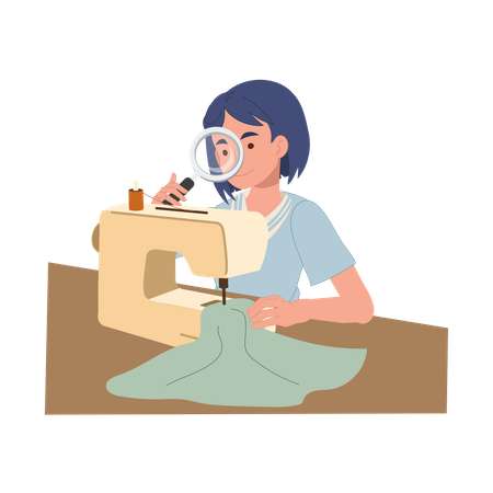 Mulher usa uma lupa enquanto costura com uma máquina para inspecionar cuidadosamente o tecido e criar roupas detalhadas feitas à mão  Ilustração