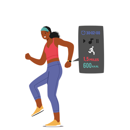 Mulher usando aplicativo de fitness no smartwatch enquanto corre  Illustration