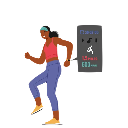 Mulher usando aplicativo de fitness no smartwatch enquanto corre  Illustration