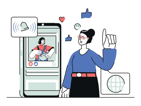 Mulher usando aplicativo de mídia social  Ilustração