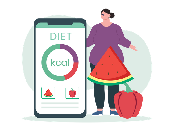 Mulher usando aplicativo de monitoramento de dieta  Ilustração