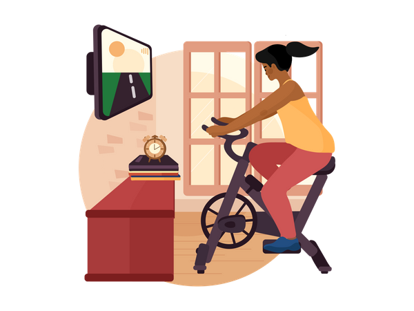 Mulher usando bicicleta indoor em casa  Ilustração