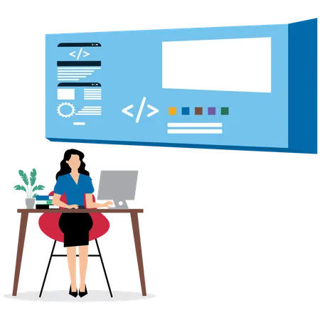 Mulher usando codificação em laptop Illustration
