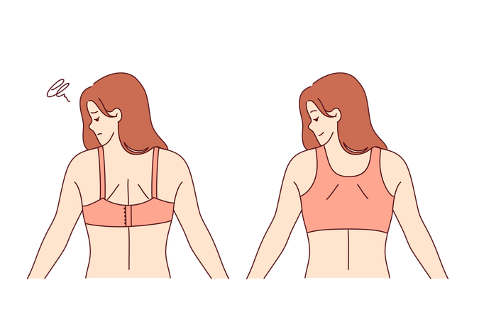 Mulher usando diferentes tipos de sutiãs compara conforto de roupas íntimas  Ilustração