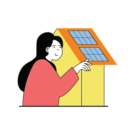 Mulher usando energia solar para produzir eletricidade  Ilustração