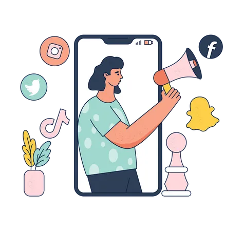 Mulher usando estratégia de marketing de mídia social  Ilustração