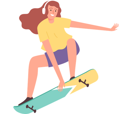 Mulher usando fone de ouvido e andando de skate  Ilustração