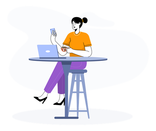 Mulher usando gadget no café  Ilustração