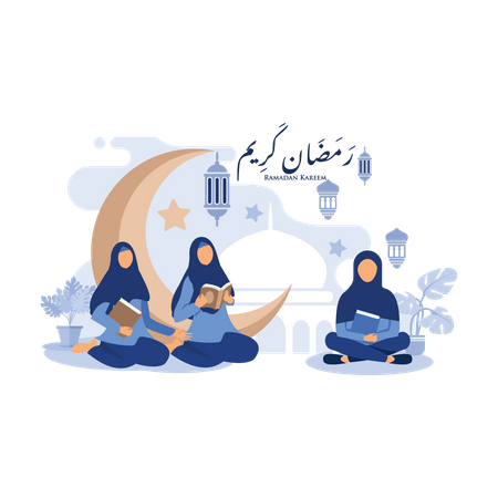 Mulher usando hijab lendo o Alcorão  Ilustração
