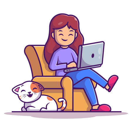Mulher usando laptop enquanto está sentada no sofá  Ilustração