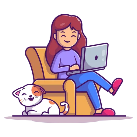 Mulher usando laptop enquanto está sentada no sofá  Ilustração