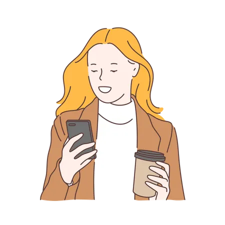 Mulher usando celular e segurando uma xícara de café  Ilustração