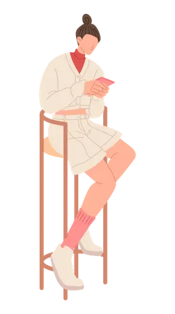 Mulher usando celular enquanto está sentada na cadeira  Ilustração