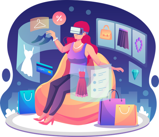 Mulher usando óculos VR está fazendo compras  Ilustração