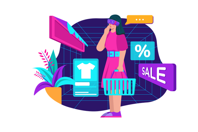 Mulher usando óculos VR fazendo compras no metaverso  Ilustração