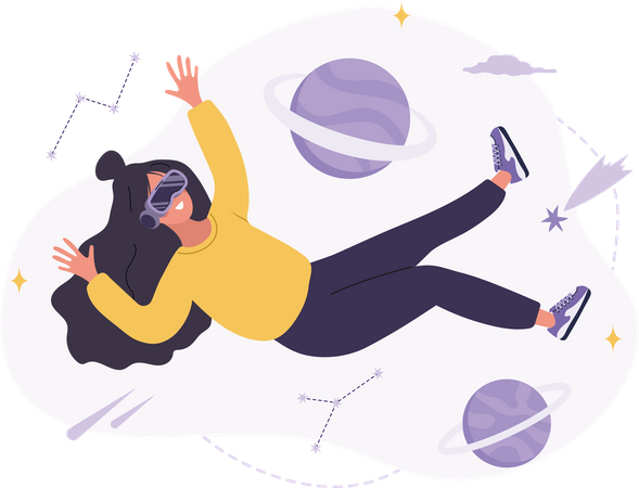 Mulher usando óculos VR flutuando no espaço sideral  Ilustração