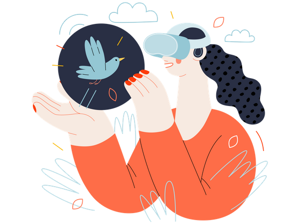 Mulher usando óculos VR tocando um pássaro simulado  Ilustração