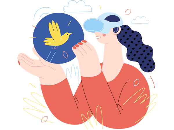 Mulher usando óculos VR tocando um pássaro simulado  Ilustração
