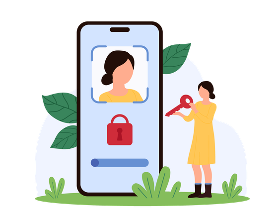Mulher usando reconhecimento facial para verificação de dados  Ilustração