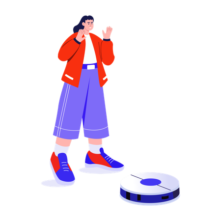 Mulher usando robô de limpeza  Ilustração