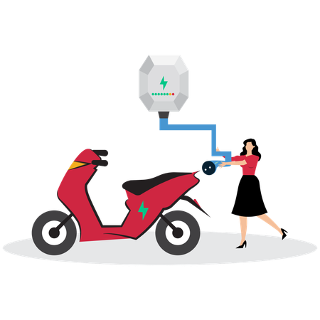 Mulher usando scooter elétrica carregando  Ilustração