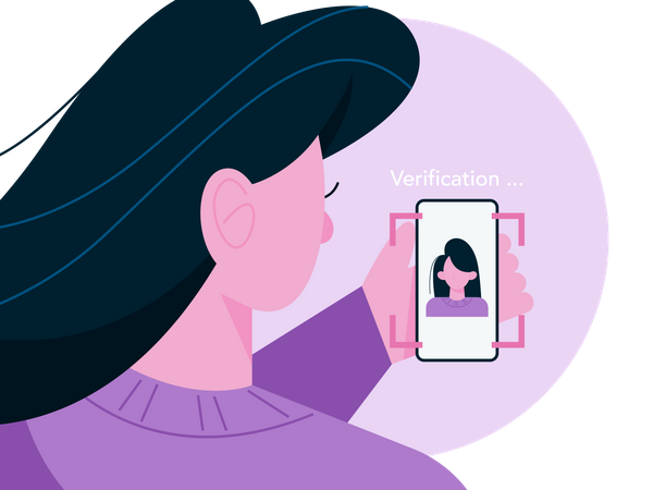 Mulher usando segurança de desbloqueio facial  Ilustração
