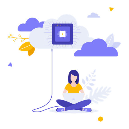 Mulher usando serviço de computação em nuvem  Ilustração