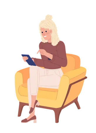 Mulher usando telefone celular na cadeira  Ilustração