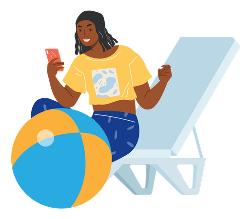 Mulher usando telefone durante férias na praia  Ilustração