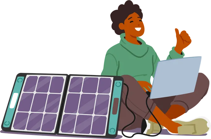 Mulher utilizando energia solar para alimentar seu laptop  Ilustração
