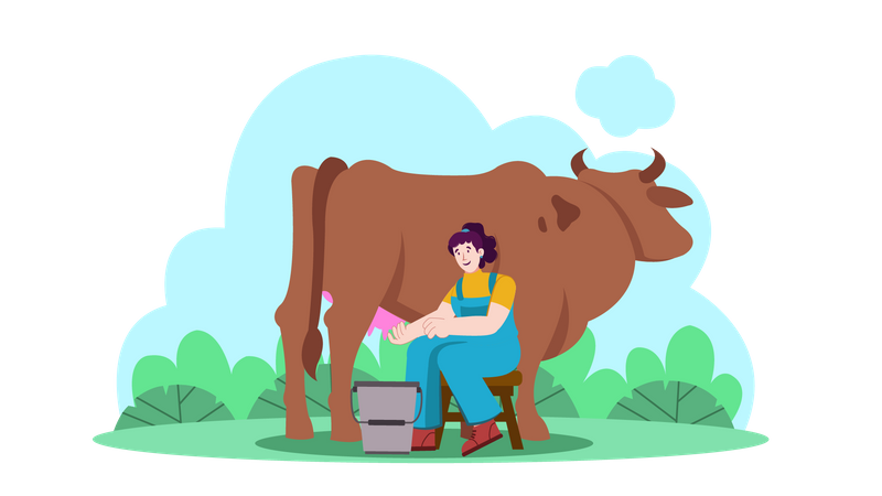Mulher ordenhando vaca  Ilustração