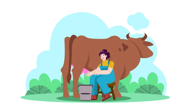 Mulher ordenhando vaca  Ilustração