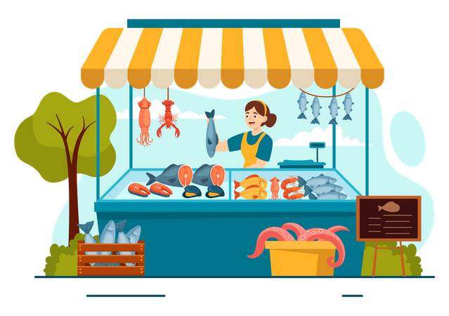 Mulher vendendo frutos do mar na barraca  Ilustração
