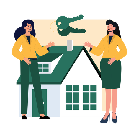 Mulher vendendo casa imobiliária  Ilustração