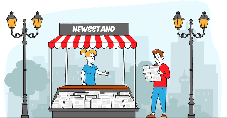 Mulher vendendo jornal em quiosque de jornal  Ilustração