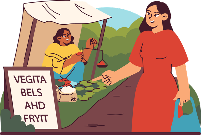 Mulher vendendo produtos com placa com erro de ortografia destacando as barreiras do analfabetismo  Ilustração