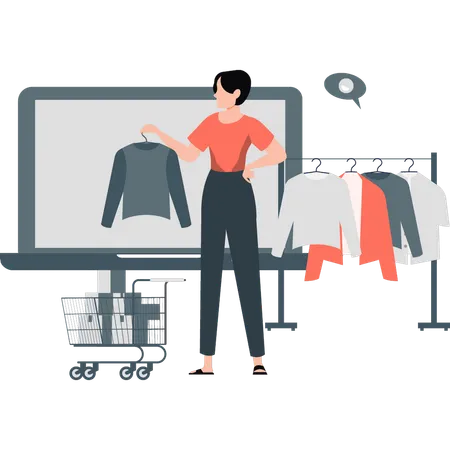 Mulher verificando roupas online  Ilustração