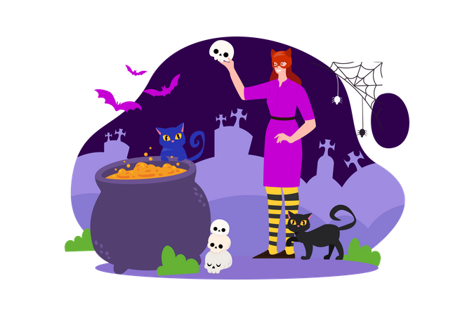 Mulher vestida de bruxa de Halloween  Ilustração