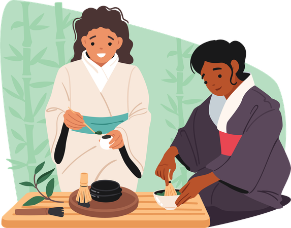 Mulher vestindo quimono preparando chá de ervas asiáticas com aroma para cerimônia oriental tradicional  Illustration