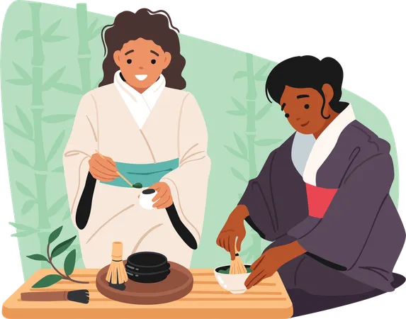 Mulher vestindo quimono preparando chá de ervas asiáticas com aroma para cerimônia oriental tradicional  Illustration