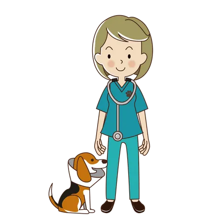 Mulher veterinária com um cachorro beagle na coleira  Ilustração