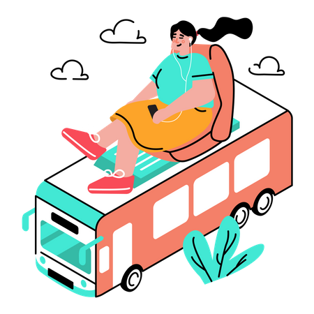 Mulher viajando de ônibus  Ilustração