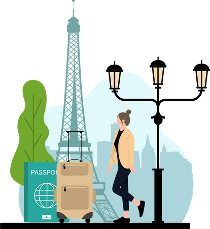 Mulher viajando em Paris  Ilustração